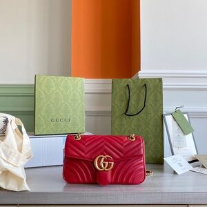 Gucci GG Red Medium Marmont Shoulder Bag Crossbody with Gold Chain Strap